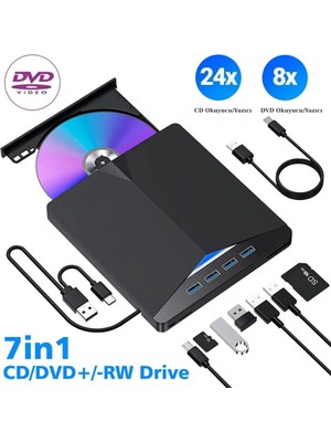 GreaTech 7 In 1 Harici USB 3.0 Type-C DVD Rw CD Sürücü Yazıcı Okuyucu Oynatıcı Optik Sürücü