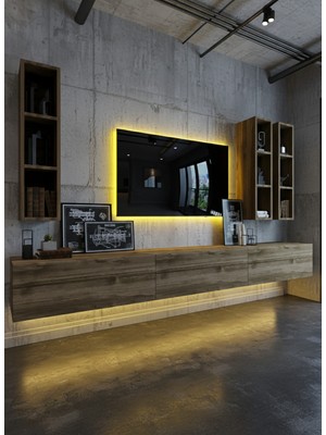 Online Fırsat Mutlu Ol Mutlu Kal Resital Ledli Duvara Monte Tv Sehpası - Ceviz - W6006-2