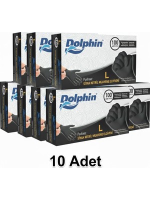 Dolphin Pudrasız Siyah Nitril Muayene Eldiven - 10 Kutu - L Beden - Kutuda 100 Adet