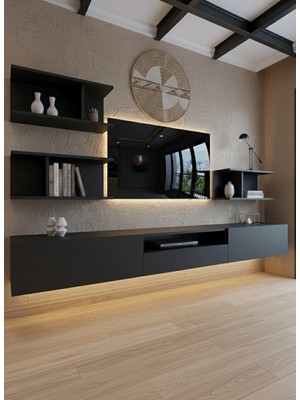 Online Fırsat Mutlu Ol Mutlu Kal Resital Ledli Duvara Monte Tv Sehpası - Antrasit - W6014-4