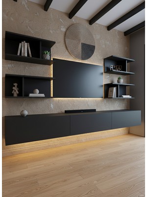 Online Fırsat Mutlu Ol Mutlu Kal Resital Ledli Duvara Monte Tv Sehpası - Antrasit - W6010-4