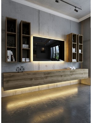 Online Fırsat Mutlu Ol Mutlu Kal Resital Ledli Duvara Monte Tv Sehpası - Ceviz - W6005-2