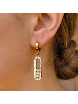 Işıltılı Taş Çerçeveli Üçlü Hareketli Taş Detaylı Altın Kaplama Küpe