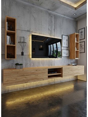 Online Fırsat Mutlu Ol Mutlu Kal Resital Ledli Duvara Monte Tv Sehpası - Çam - W6002-6