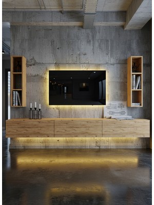 Online Fırsat Mutlu Ol Mutlu Kal Resital Ledli Duvara Monte Tv Sehpası - Çam - W6007-6