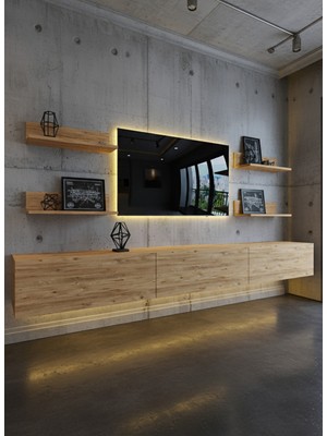 Online Fırsat Mutlu Ol Mutlu Kal Resital Ledli Duvara Monte Tv Sehpası - Çam - W6020-6