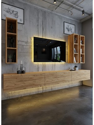 Online Fırsat Mutlu Ol Mutlu Kal Resital Ledli Duvara Monte Tv Sehpası - Çam - W6006-6