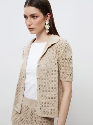 Lc Waikiki Yeni Sezon Gömlek Yaka Ajurlu Kadın Triko Hırka