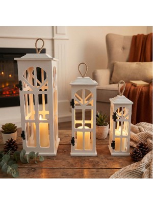 Liya Bella 3’lü Lüx Dekoratif Ahşap Fener Seti Mumluk Şamdan Ev & Balkon Dekorasyonu