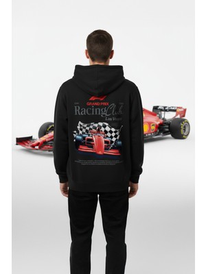 Overoz Las Vegas Racing Club Baskılı Kapüşonlu Yarı Oversize Sweatshirt Siyah Hoodie 1412