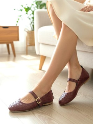 Ellaboni Kadın Mary Jane Örgü Desenli Babet Ortopedik Taban Ev Iş Ofis Ayakkabısı Babet