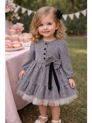 Lav Mer Kids Kız Çocuk Kazayağı Desenli Fiyonk Detaylı Uzun Kollu Elbise – Tül Etekli Şık Tasarım