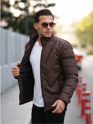 Erkek Kahverengi Dik Yaka Dokulu Şişme Mont