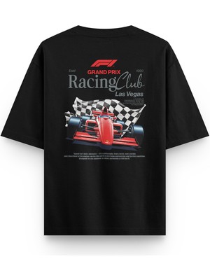 Overoz Las Vegas Racing Club Sırt Baskılı Yarı Oversize Siyah Tshirt 1412