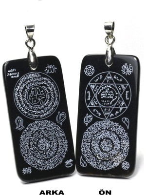 Ilgın Doğal Taş Takı Hakiki Siyah Akik Üzerine Mührü Süleyman ve Zırh Duaları Işlemeli Çift Taraflı Koruyucu Kolye