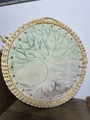 Atolye Okyanus El Yapımı Seramik & Rattan Hayat Ağacı Desenli Dekoratif Tabak / Duvar Süsü