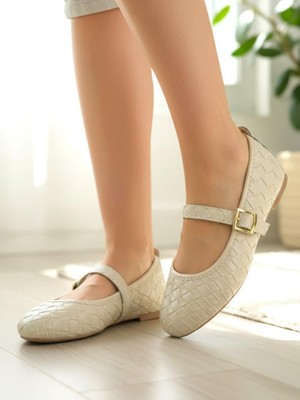 Ellaboni Kadın Mary Jane Örgü Desenli Babet Ortopedik Taban Ev Iş Ofis Ayakkabısı Babet