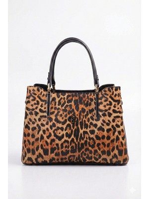 Lioleather Leopar & Siyah Deri Tote Çanta