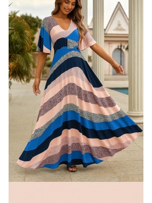 Yeşil Sarmaşık Kadın Kısa Kollu V Yakalı Desenli Süprem Elbise