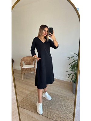 Yeşil Sarmaşık Kadın Uzun Kollu V Yakalı Yanlardan Yırtmaçlı Viskon Iki Iplik Midi Elbise