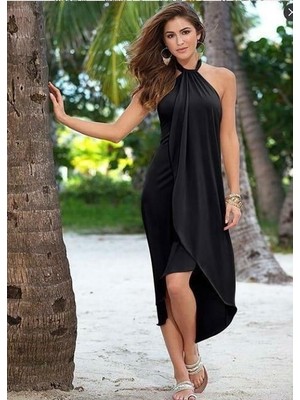 Yeşil Sarmaşık Kadın Omuzlardan Açık Boyundan Geçmeli Asimetrik Kesim Detaylı Viskon Elbise