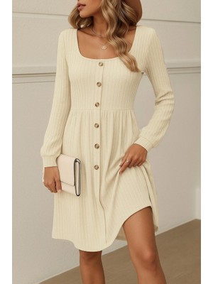 Yeşil Sarmaşık Kadın Uzun Kollu Kare Yaka Düğmeli Kısa Şardonlu Iki Iplik Mini Elbise