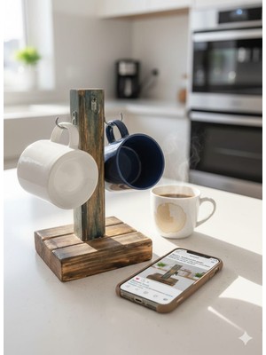 Yediotuz Digital Pazarlama Rustik Masif Ahşap El Yapımı Kupa Askılığı - 4 Bölmeli Modern Kahve Köşesi Düzenleyici