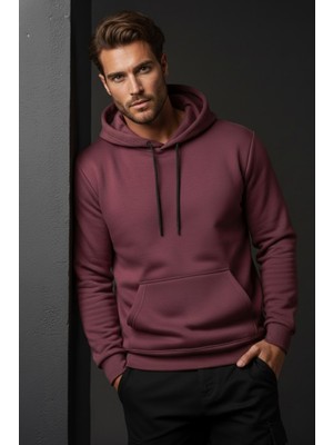 Modi Green Unisex Kışlık Mürdüm Rengi Üç Iplik Şardonlu Pamuklu Kalın Kapüşonlu Hoodie Sweatshirt