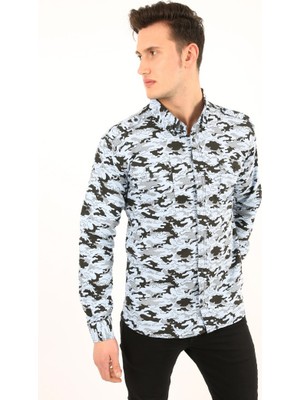 Modi Green Erkek Günlük Likralı Kamuflaj Desenli Gömlek