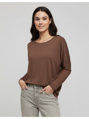 Modi Green Kahverengi Basic Uzun Kollu Viskon Kadın Bluz