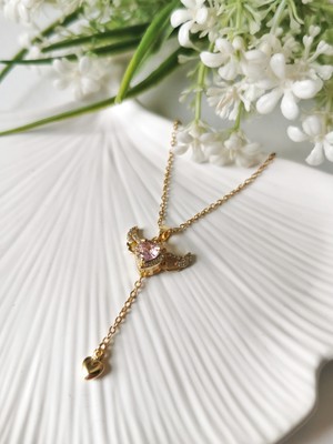 Halley Concept Pembe Kalpli Melek Kanadı Çelik Kolye Gold