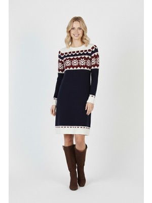 Modi Green Kadın Lacivert Desenli Bisiklet Yaka Uzun Kollu Jakarlı Triko Kazak Elbise