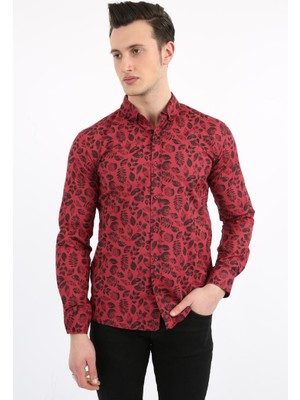 Modi Green Erkek Günlük Yaprak Desenli Likralı Gömlek