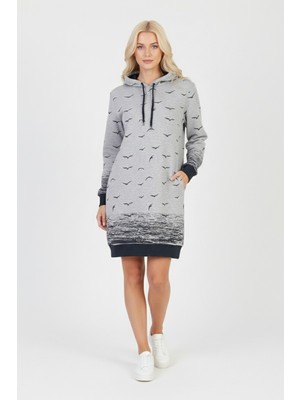 Modi Green Kadın Gri Martı Desenli Kapüşonlu Cepli Uzun Kollu Jakarlı Interlok Penye Sweatshirt Elbise