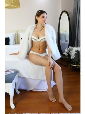 Moda Kadın Taş Detaylı Push Up Straplez Sütyen Takım Beyaz Beruflic