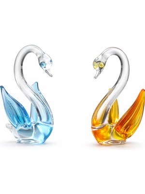 Crystal Passion 2’li El Yapımı Kristal Cam Kuğu Figürü Dekoratif Renkli Cam Obje Seti