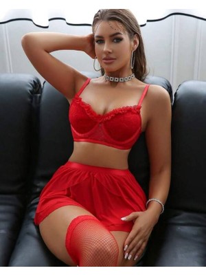 Beruflic Fırfırlı Tül Etekli Sütyen Takım Kırmızı Real Passione