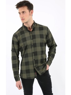 Modi Green Erkek Günlük Büyük Kare Desenli Likralı Gömlek