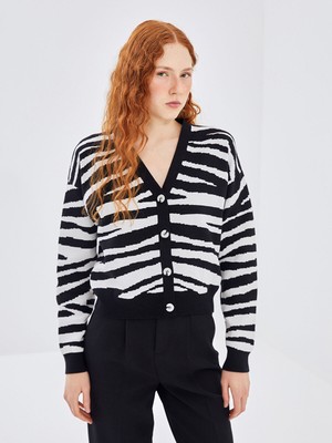 Lc Waikiki Yeni Sezon V Yaka Zebra Desenli Kadın Triko Hırka