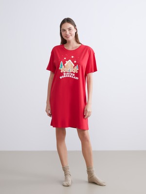 Lc Waikiki Yeni Sezon Bisiklet Yaka Yılbaşı Temalı Kadın Gecelik