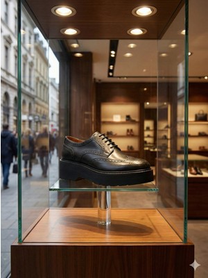 Lioleather El Yapımı Wingtip - Kalın Taban Siyah Deri Ayakkabı