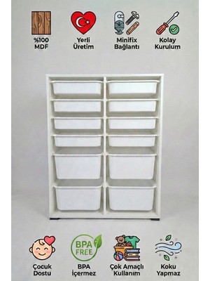 yabilmo %100 Mdf Gövde Kolay Minifix Bağlantı 12 Çekmece Çok Amaçlı Oyuncak Dolabı - 12 Sepetli Beyaz Dolap