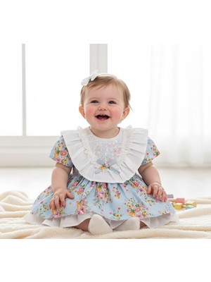 Bebeva Baby Kız Bebek %100 Pamuklu Fisto Yakalı Çiçek Desenli Kat Kat Kabarık Butik Elbise