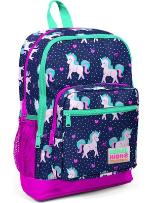 Coral High Kids Lacivert Unicorn Desenli Dört Bölmeli Okul Sırt Çantası 23467