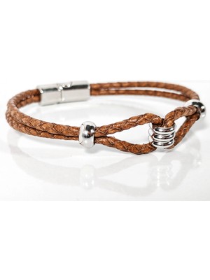 Moncuk Design Kahverengi Örgü Yaylı Deri Bileklik – Doğal Şıklık ve Modern Detaylar