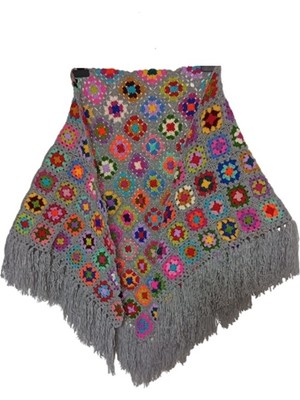 El Örgüsü Etnik Otantik Motifli Gri Büyük Boy Şal