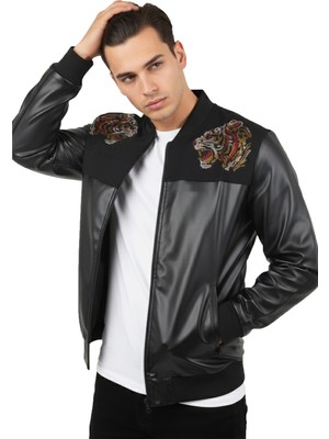 Rizzup Siyah Kaplan Taş Detaylı Slim Fit Likralı Kolej Yaka Erkek Suni Deri Ceket 2600927