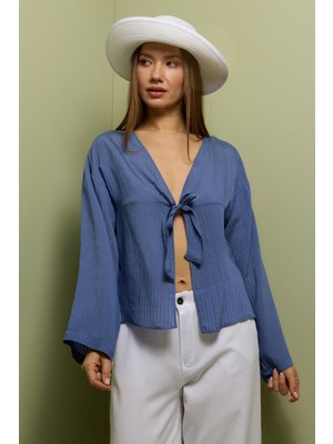 FullaModa Çizgili Önü Bağlamalı Kimono