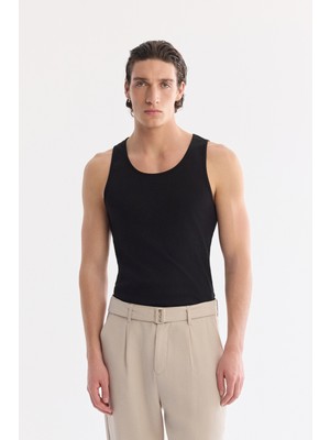 AVVA Erkek Siyah Kolsuz Basic Fitilli Regular Fit Atlet B001058