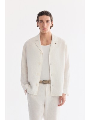 AVVA Erkek Beyaz Apaj Yaka Nefes Alan %100 Keten Comfort Fit Gömlek Ceket A61Y2114